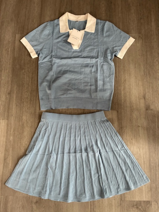 Dresses & Skirts - Light Blue Two-Piece Polo & Pleated Skirt Set with White Trim
